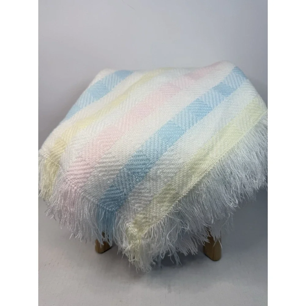 Vintage Waffle Weave Acrylic Baby Blanket Fringe Edge 35